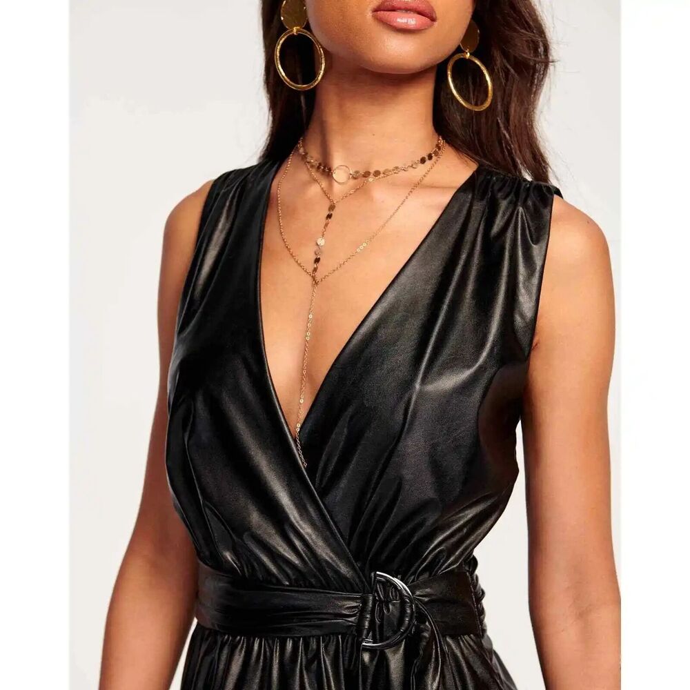 Ramy Brook women Lily Black Tie Wrap Vegan Faux Leather Mini Dress size 14 $425 - Picture 5 of 13